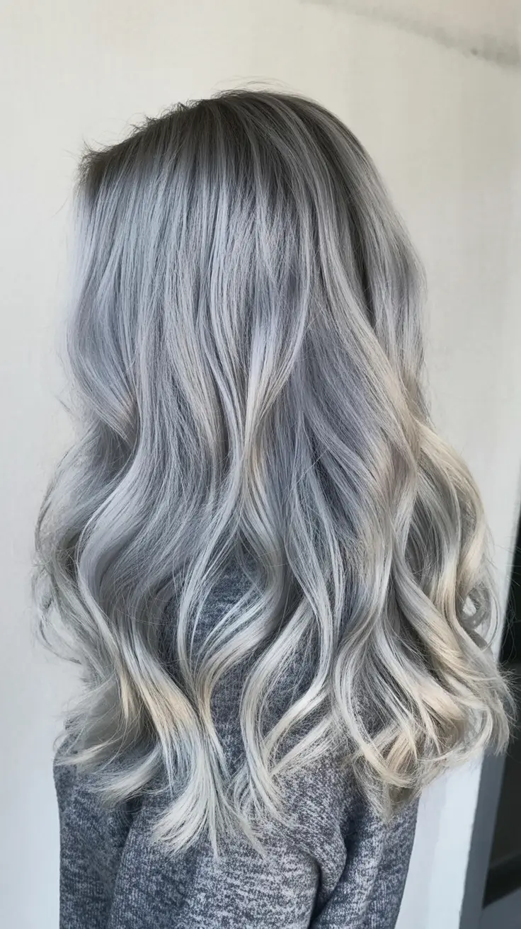 modern spring grey hair color ideas 2026 Icy Silver Lengths with Cool-Toned Dimension
