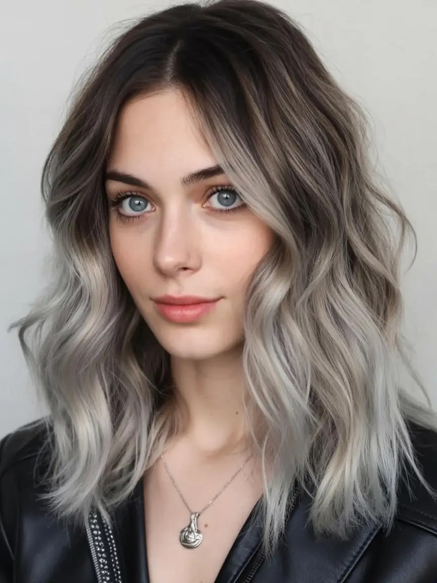modern spring grey hair color ideas 2026 Face-Framing Silver Highlights on Textured Brunette