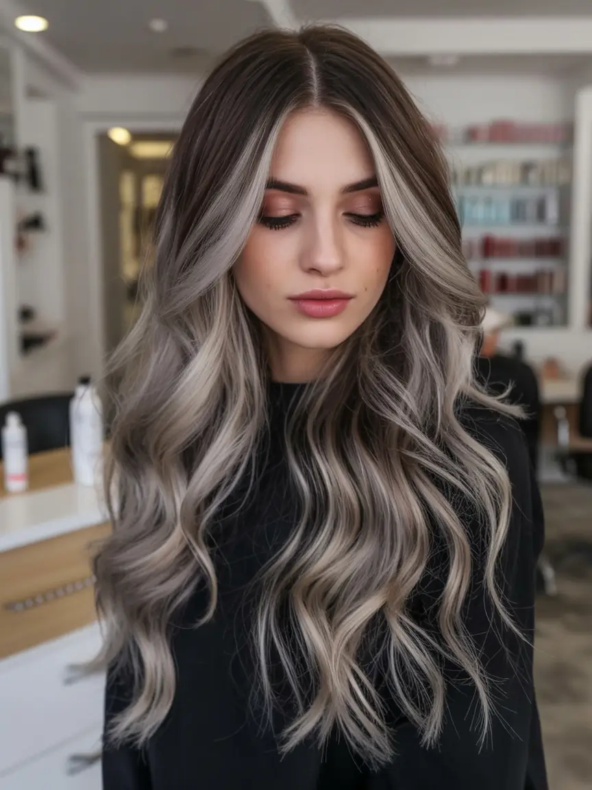 modern spring grey hair color ideas 2026 Elegant Silver Melt with Long Cascading Waves