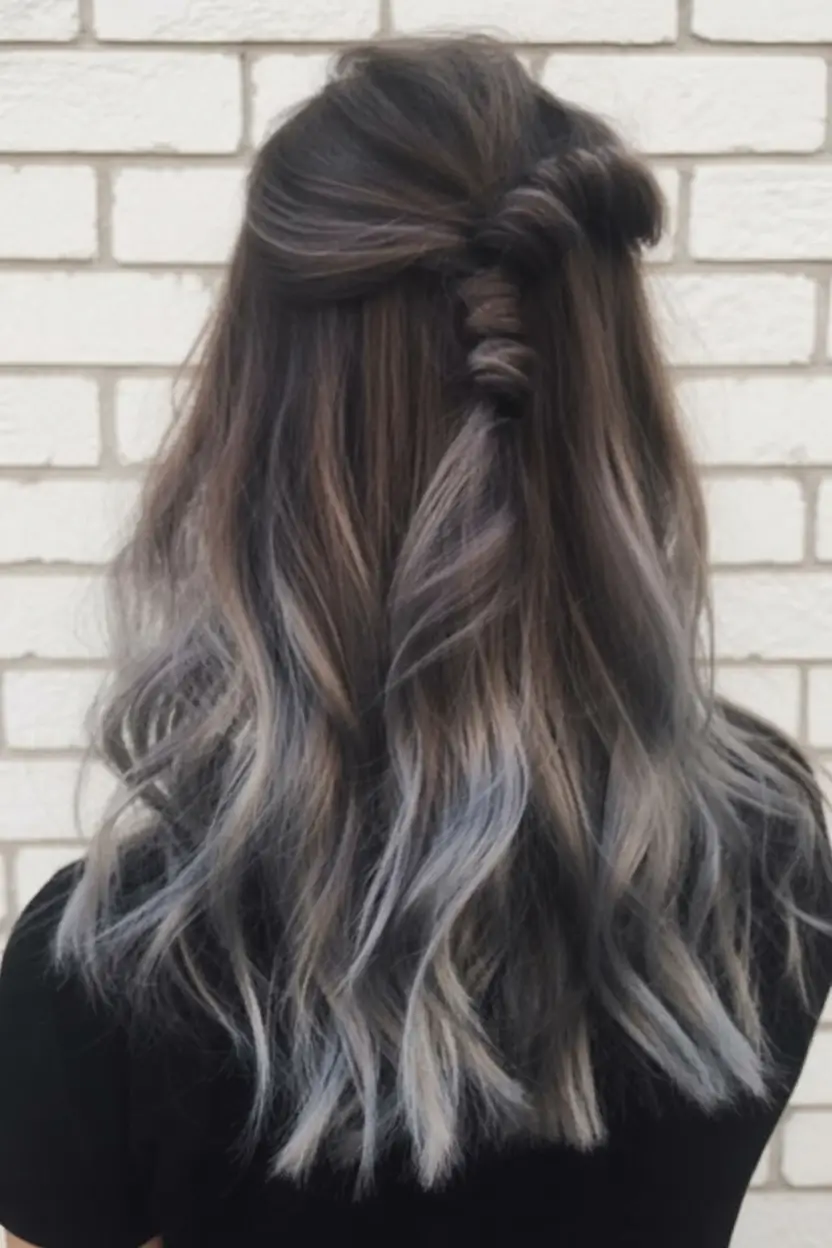 modern spring grey hair color ideas 2026 Silver-Tipped Grey Waves with Half-Up Styling