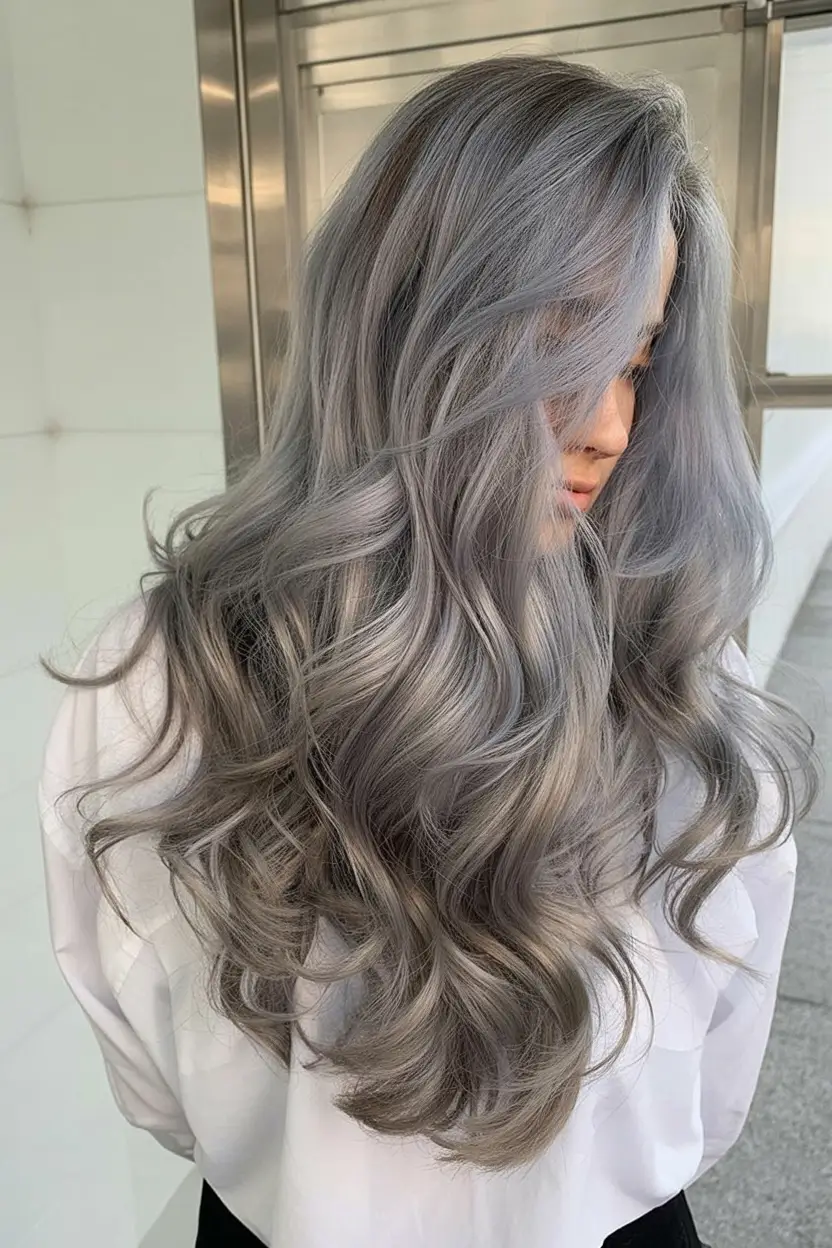 modern spring grey hair color ideas 2026 Glossy Long Silver Layers with Flowing Volume