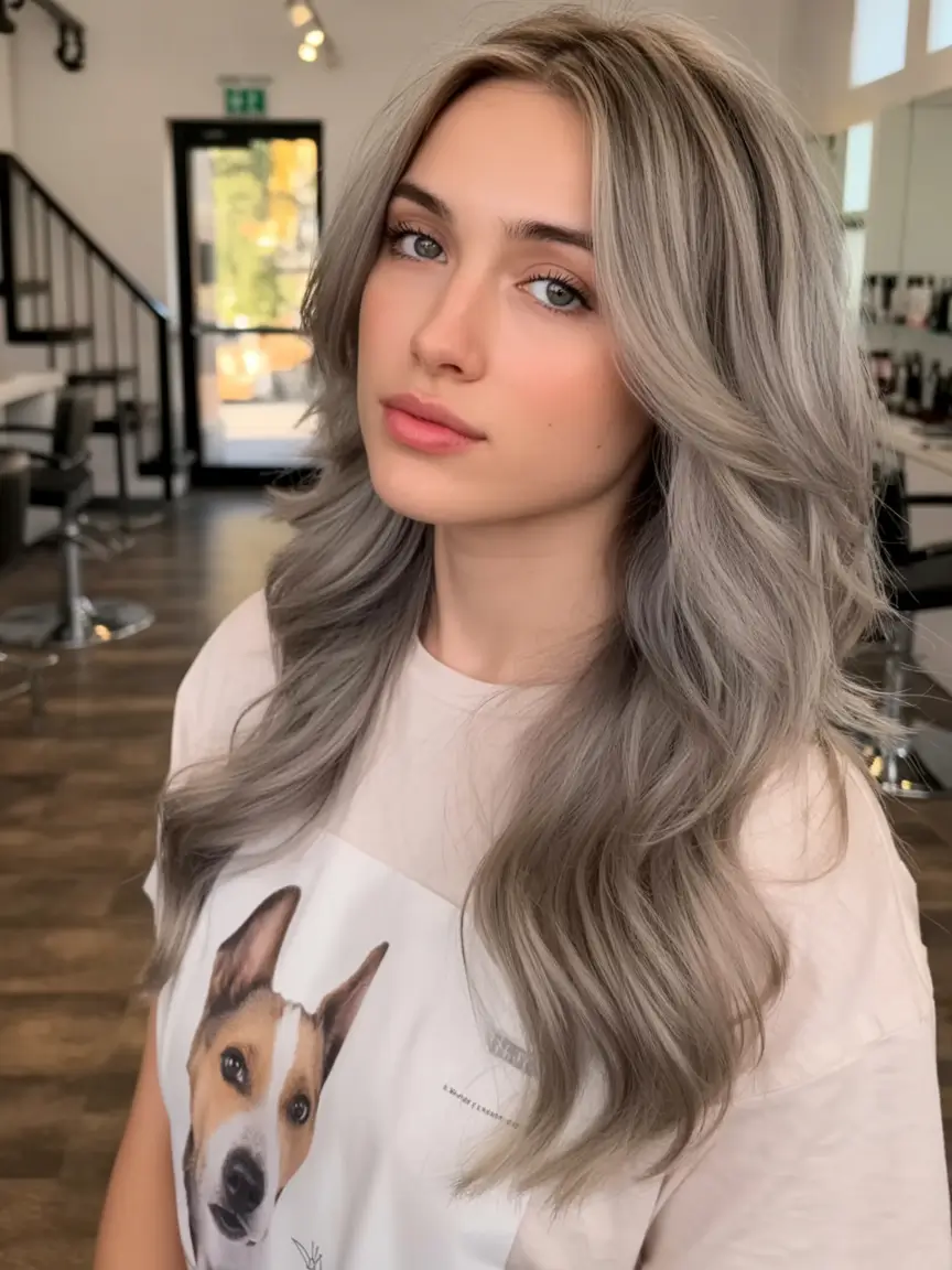 modern spring grey hair color ideas 2026 Soft Ash Grey Waves with Natural Dimension