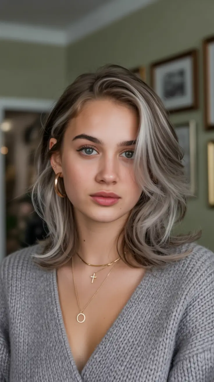 modern spring grey hair color ideas 2026 Layered Grey Lob with Face-Framing Highlights