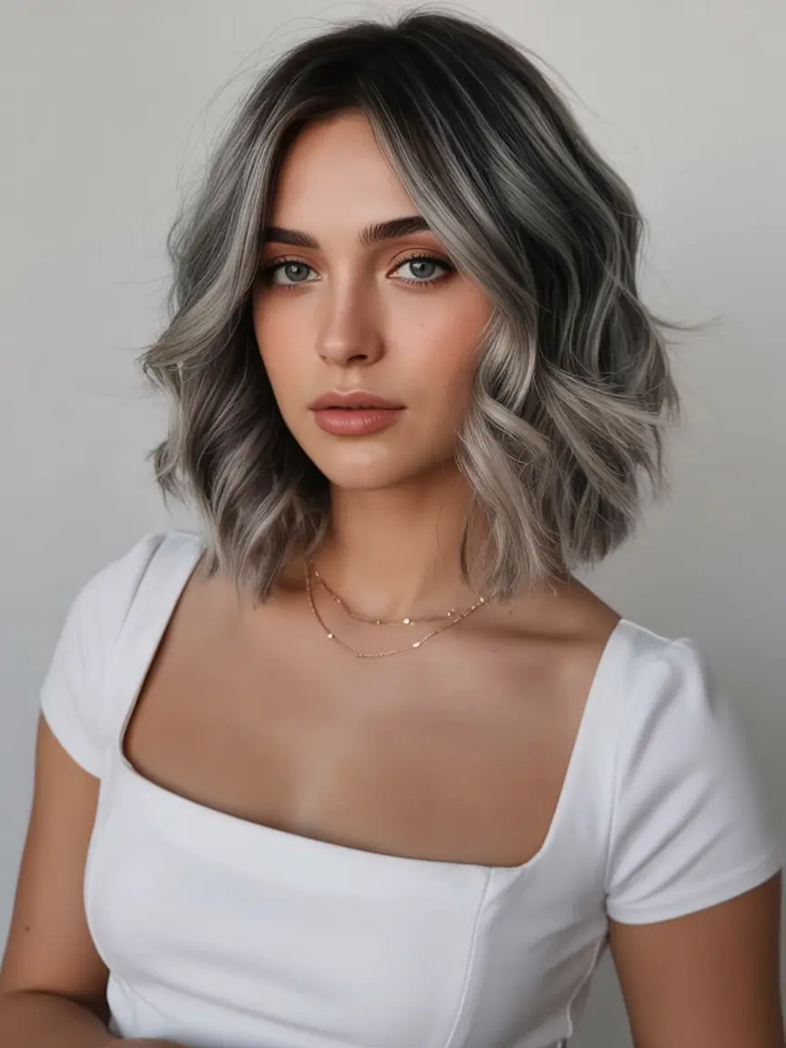 modern spring grey hair color ideas 2026 Dimensional Smoky Grey Bob with Soft Waves