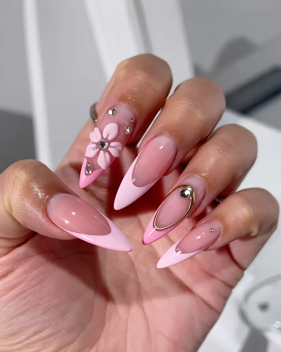 modern spring nails for brown skin 2026 Pink Stiletto Floral Nails
