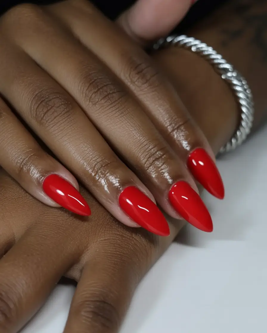 modern spring nails for brown skin 2026 Cherry Red Almond Nails