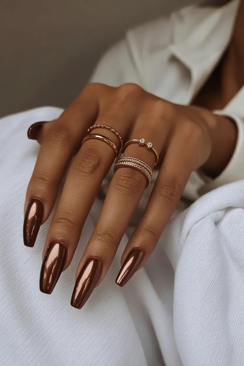 modern spring nails for brown skin 2026 Chocolate Chrome Nails