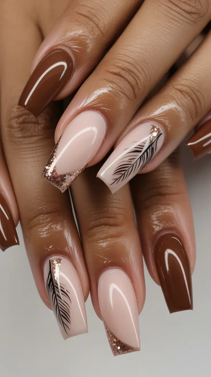 modern spring nails for brown skin 2026 Chocolate Feather Nail Art