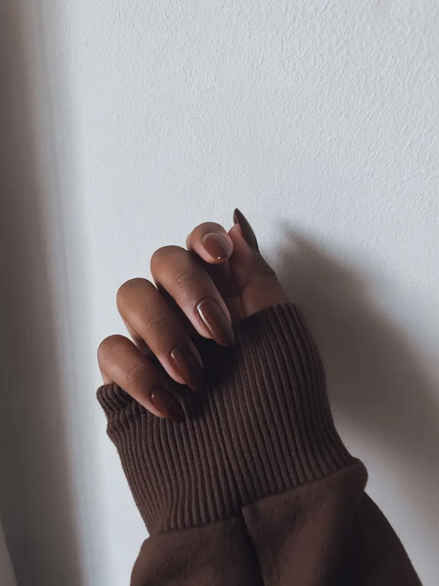 modern spring nails for brown skin 2026 Glossy Chocolate Almond Nails