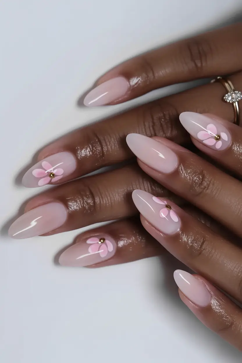 modern spring nails for brown skin 2026 Pink Floral Almond Nails