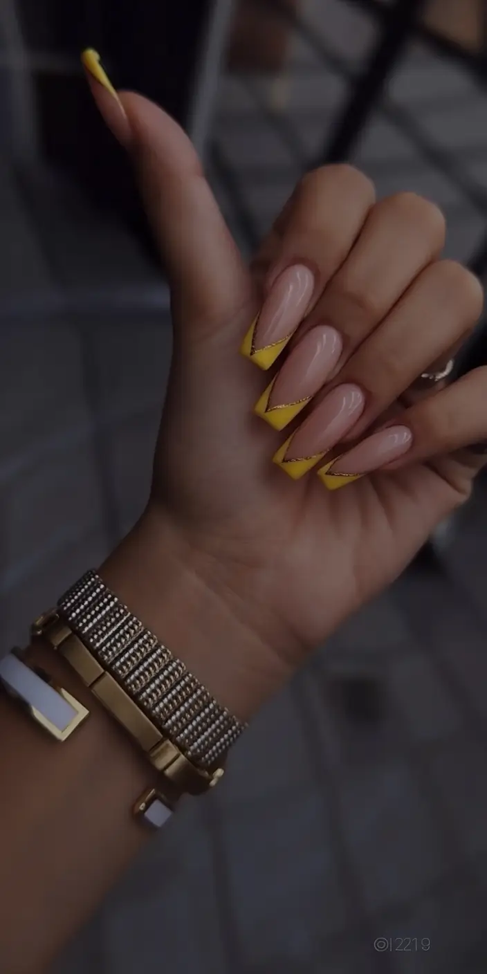 modern spring nails for brown skin 2026 Yellow Graphic French Nails