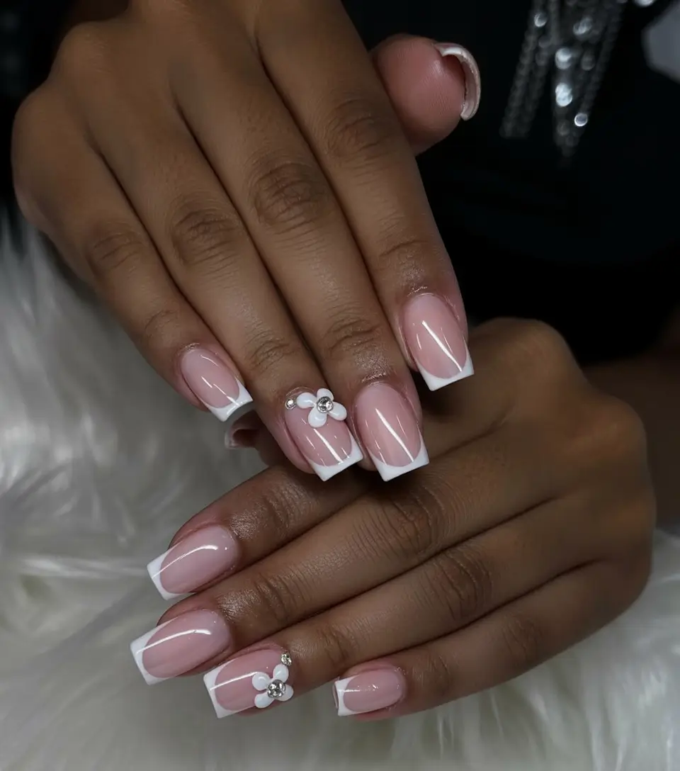 modern spring nails for brown skin 2026 Floral French Manicure