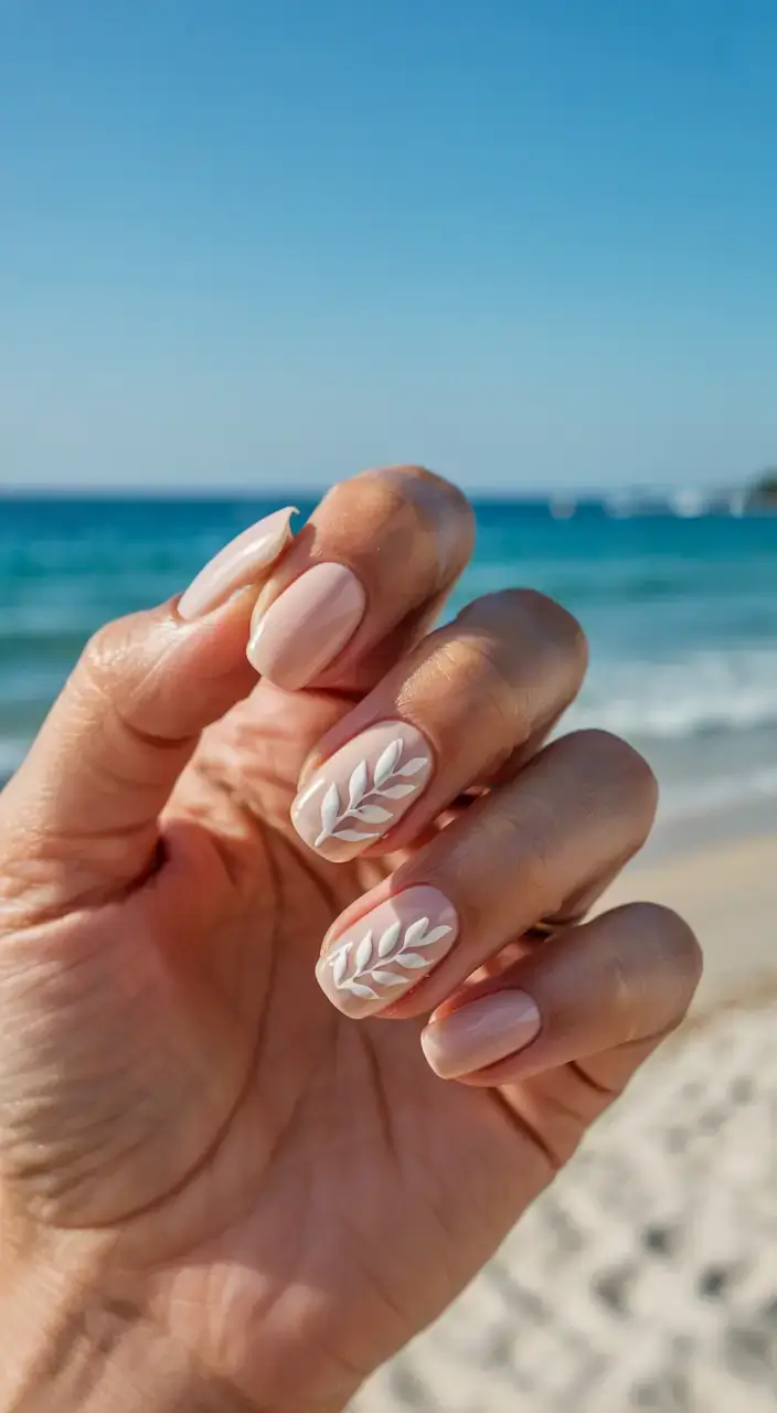 modern spring vacation nails 2026 Minimalist Botanical Nails with Soft Nude Base