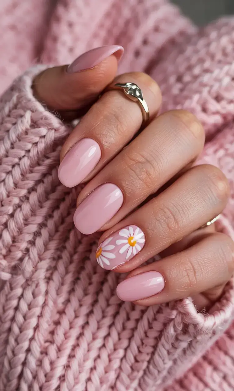 modern spring vacation nails 2026 Soft Pink Daisy Nails for Classic Spring Charm