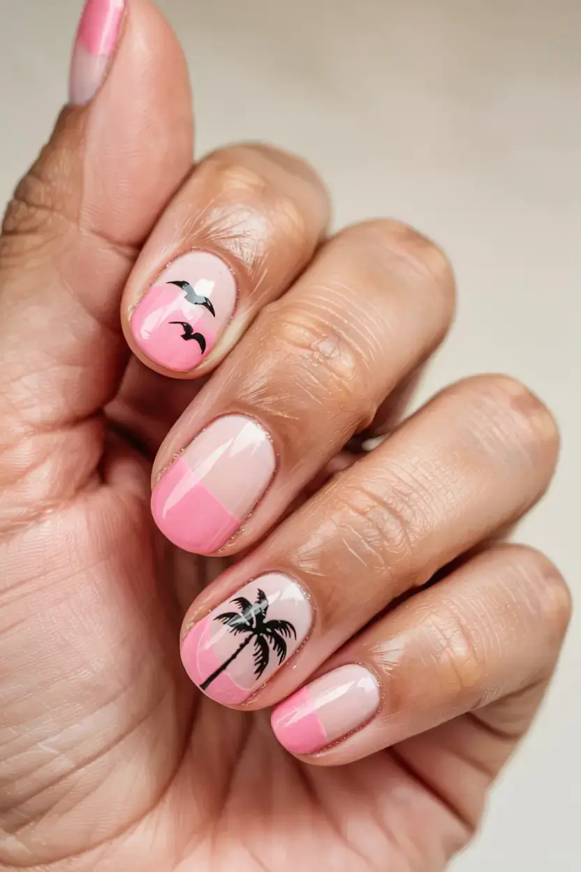 modern spring vacation nails 2026 Pink Tropical Sunset Nails with Palm Silhouette