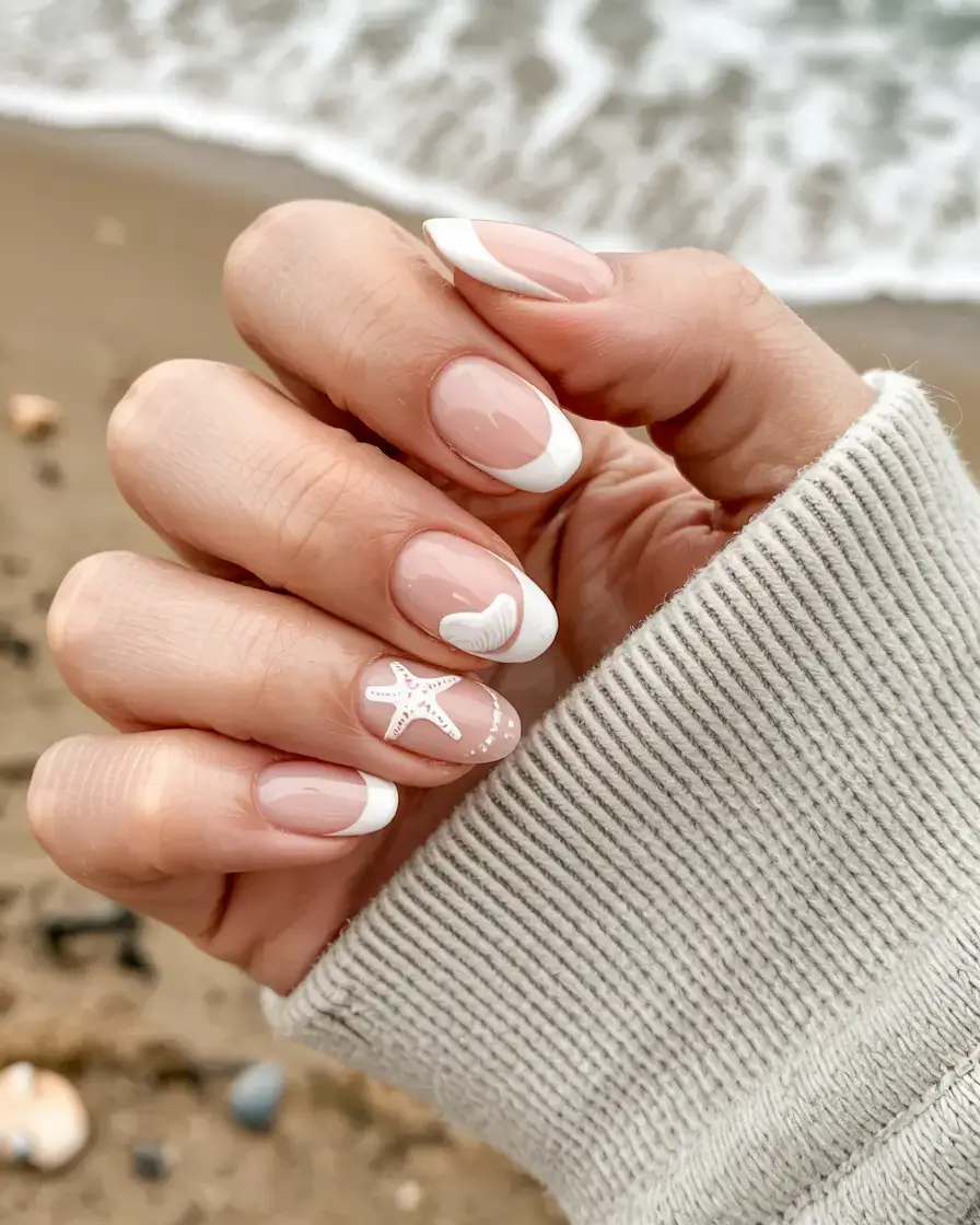 modern spring vacation nails 2026 Seaside French with Soft Coastal Details