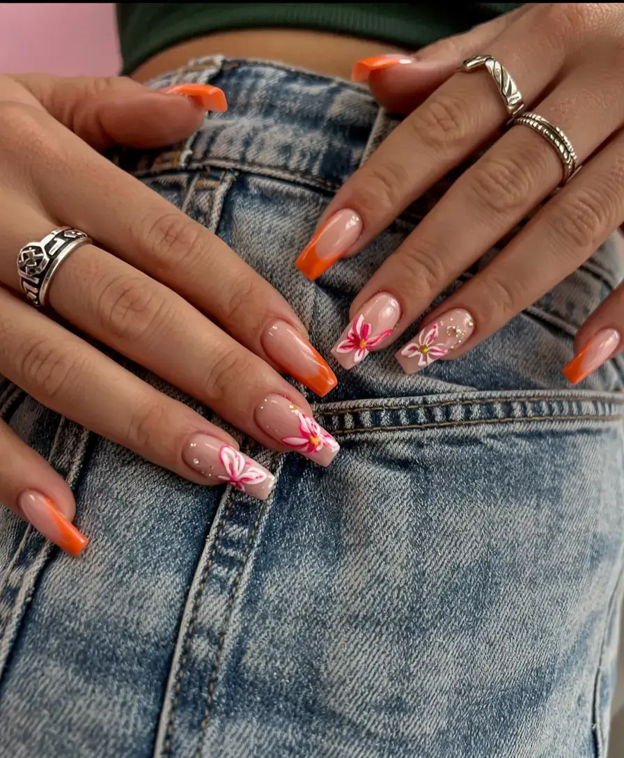 modern spring vacation nails 2026 Bright Orange Floral Vacation Nails