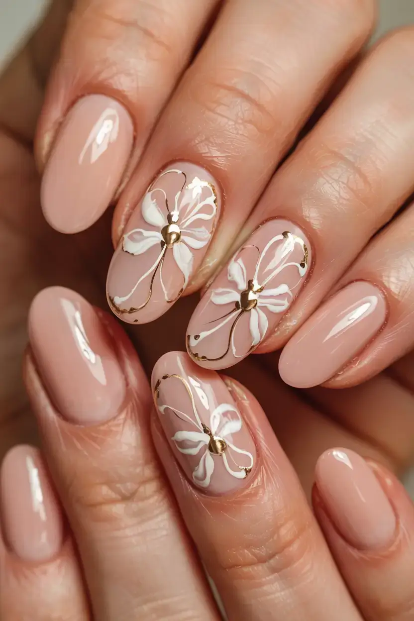 modern spring vacation nails 2026 Elegant Nude Nails with White and Gold Floral Art