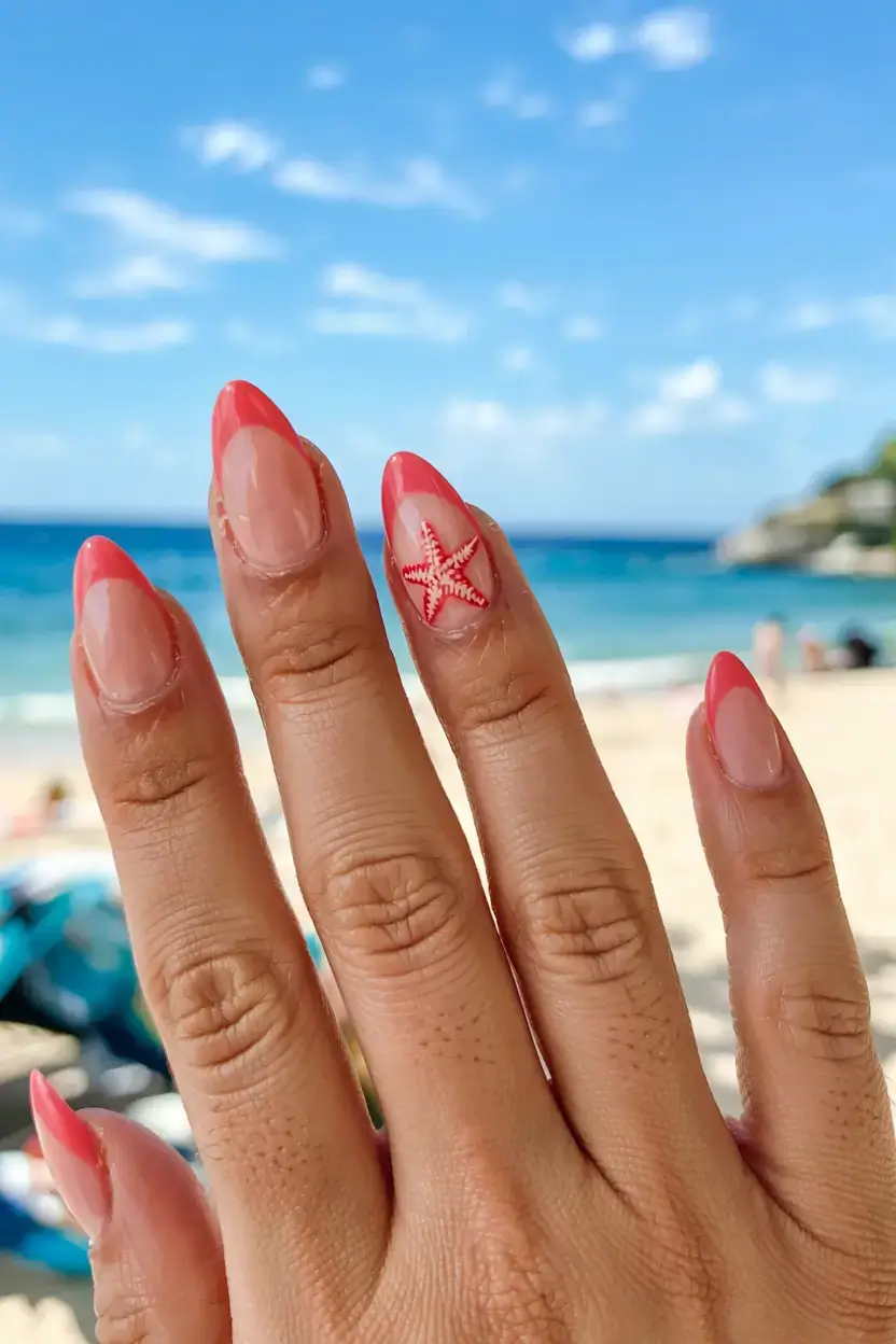 modern spring vacation nails 2026 Coral Starfish Accent for Bright Coastal Days