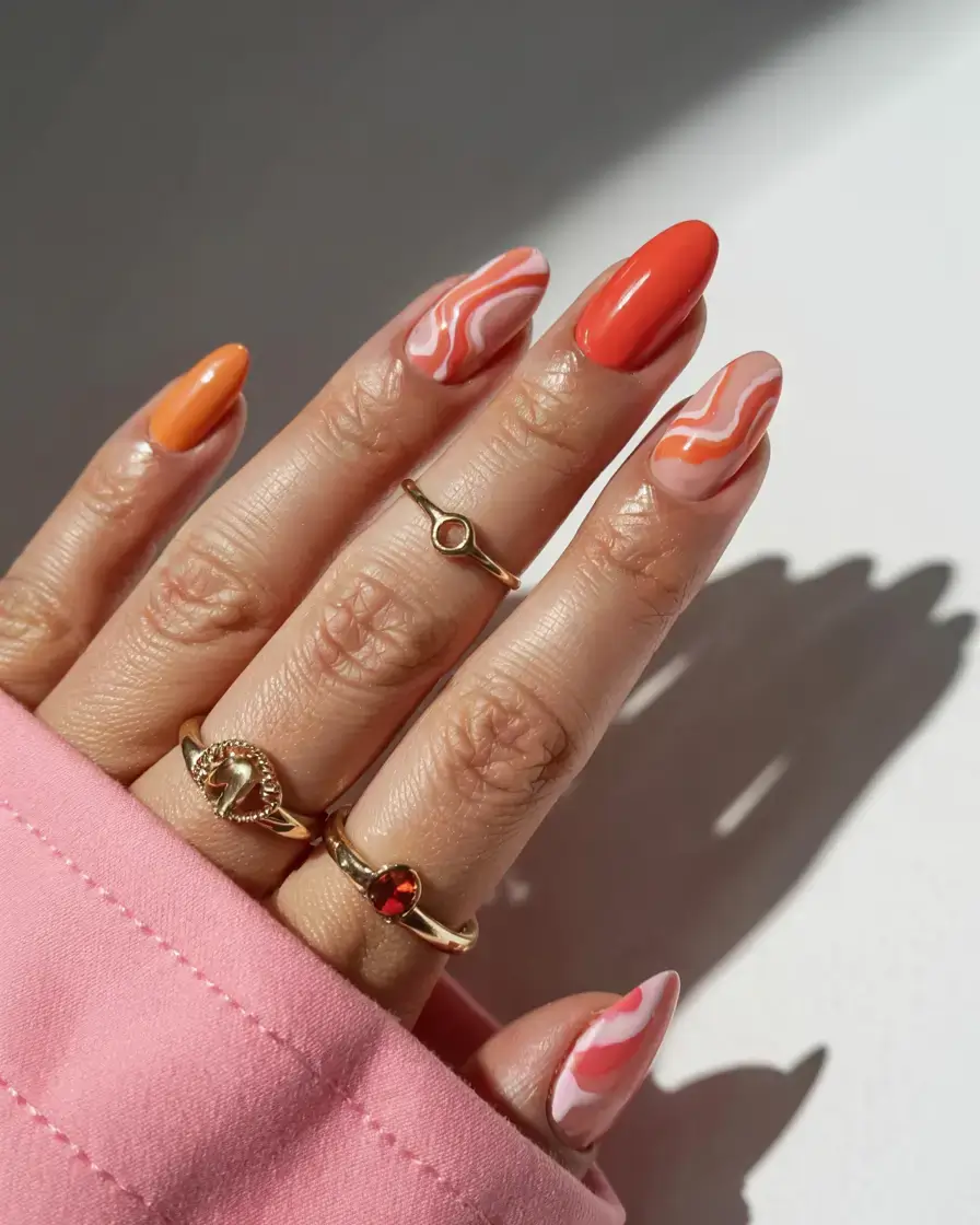 modern spring vacation nails 2026 Retro Sunset Swirls for Playful Spring Energy