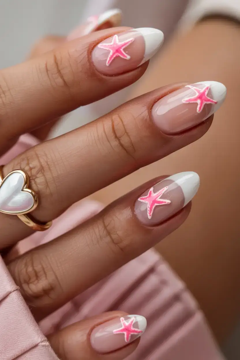 modern spring vacation nails 2026 Pink Starfish French for Playful Beach Days