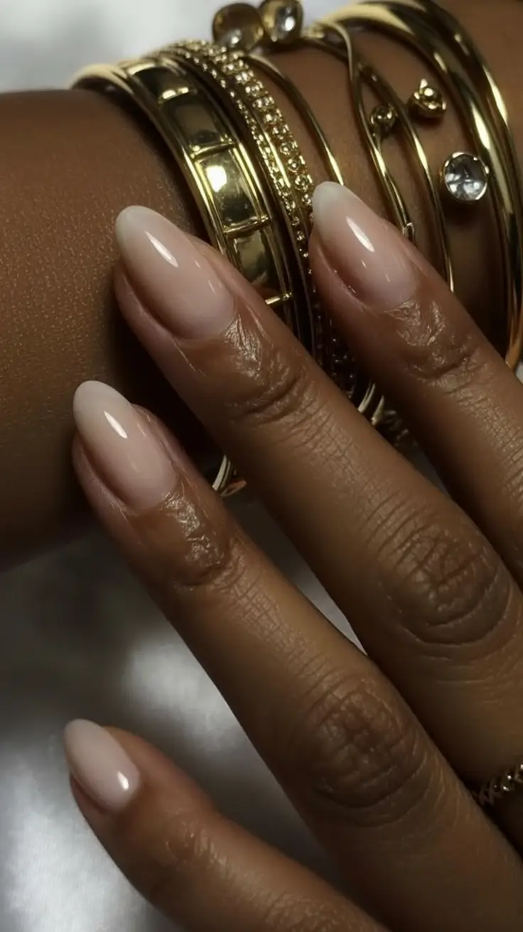 must try spring nails for dark skin 2026 Milky Almond Nude Nails for a Soft Spring Glow