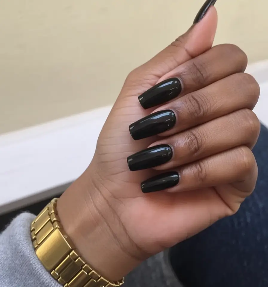 must try spring nails for dark skin 2026 Sleek Jet Black Coffin Nails