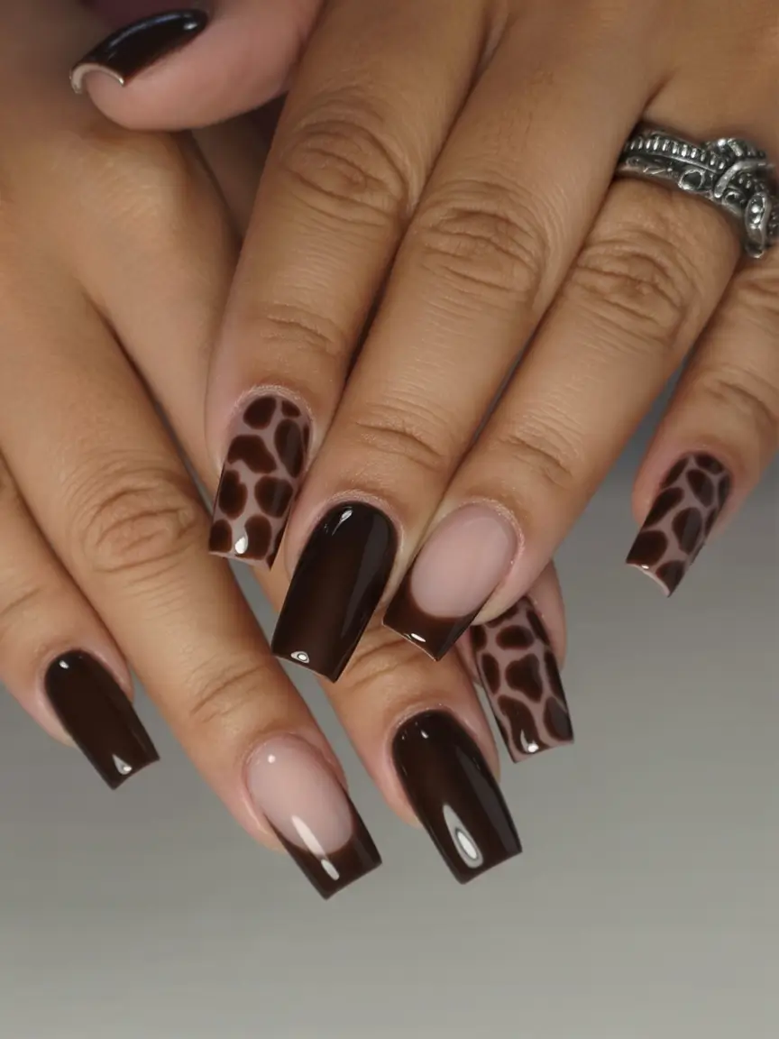must try spring nails for dark skin 2026 Chocolate Brown Nails with Playful Leopard Accent