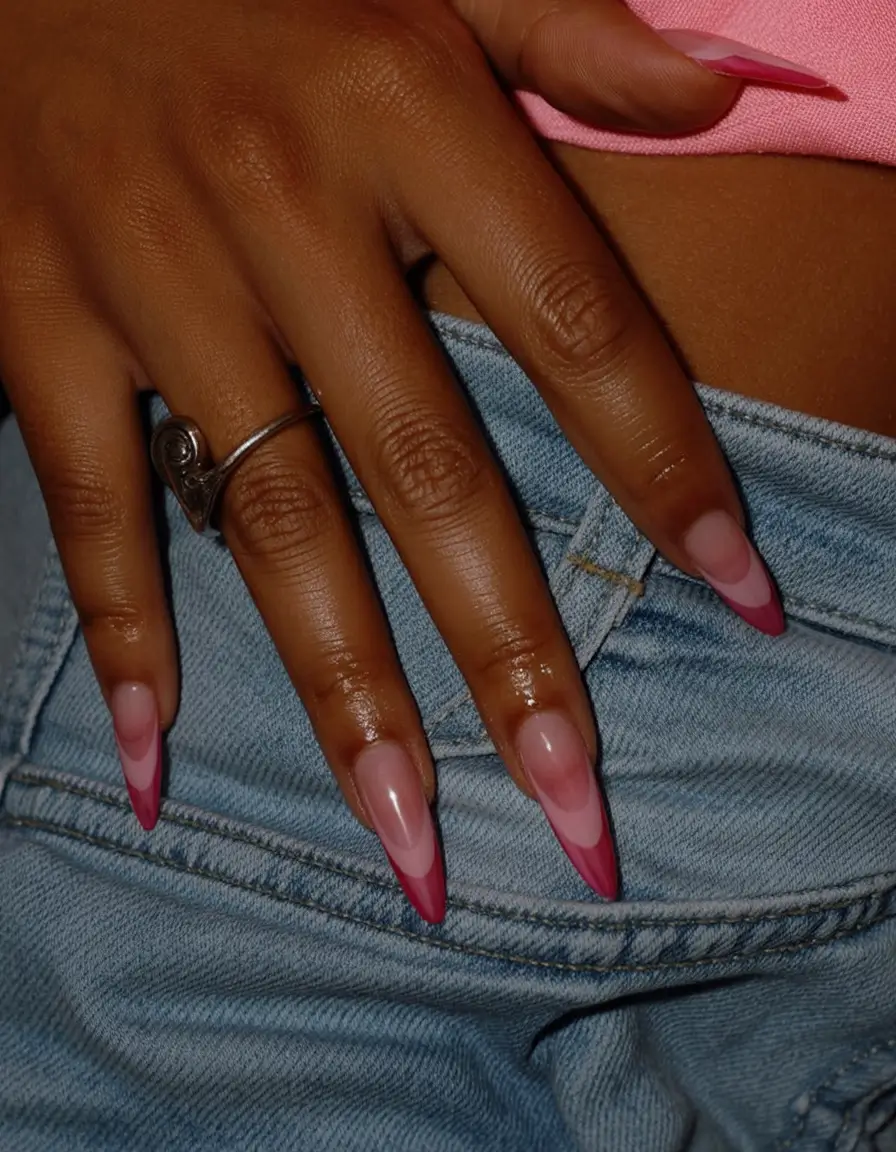 must try spring nails for dark skin 2026 Raspberry French Stiletto Nails with a Modern Twist