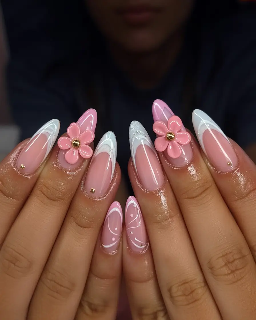 must try spring nails for dark skin 2026 Pink Floral French Nails with Sculpted Spring Details