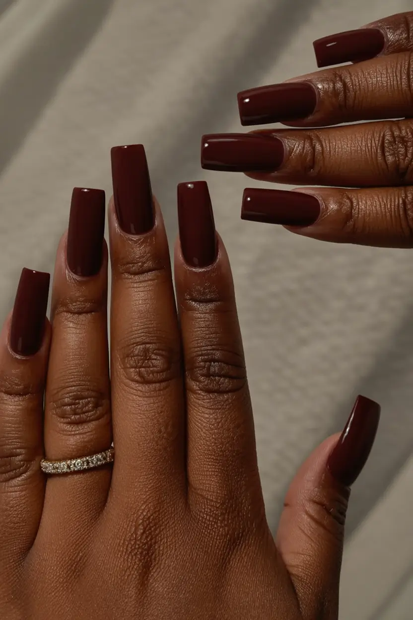 must try spring nails for dark skin 2026 Deep Chocolate Coffin Nails for Rich Spring Elegance