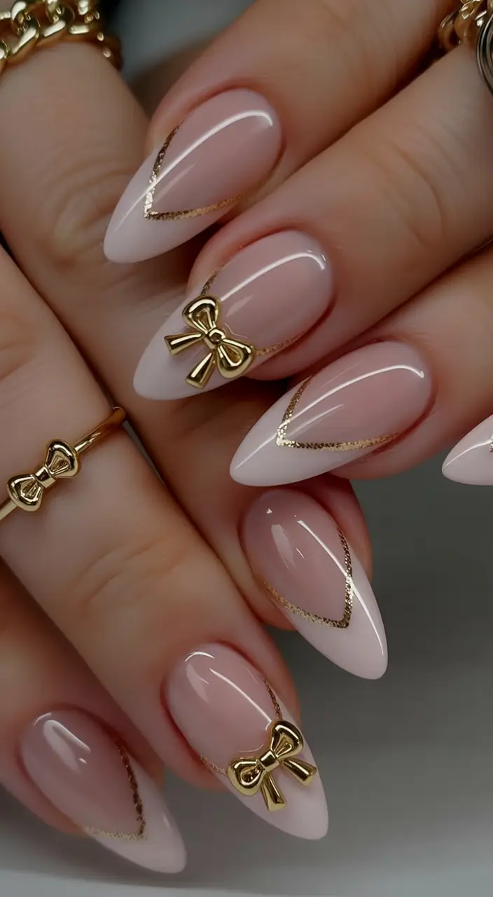 must try spring nails for dark skin 2026 Soft Nude Almond Nails with Gold Ribbon Accents