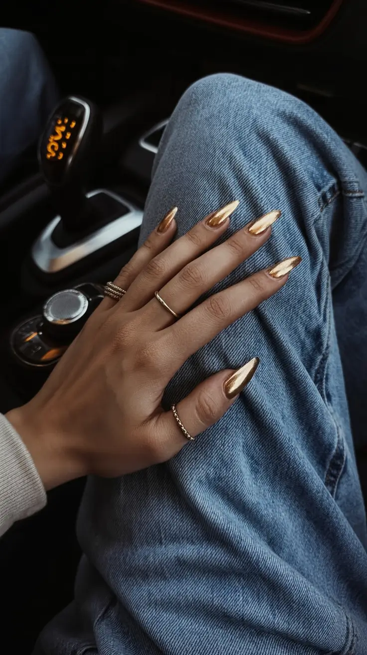 must try spring nails for dark skin 2026 Gold Chrome Almond Nails for a Warm Spring Glow