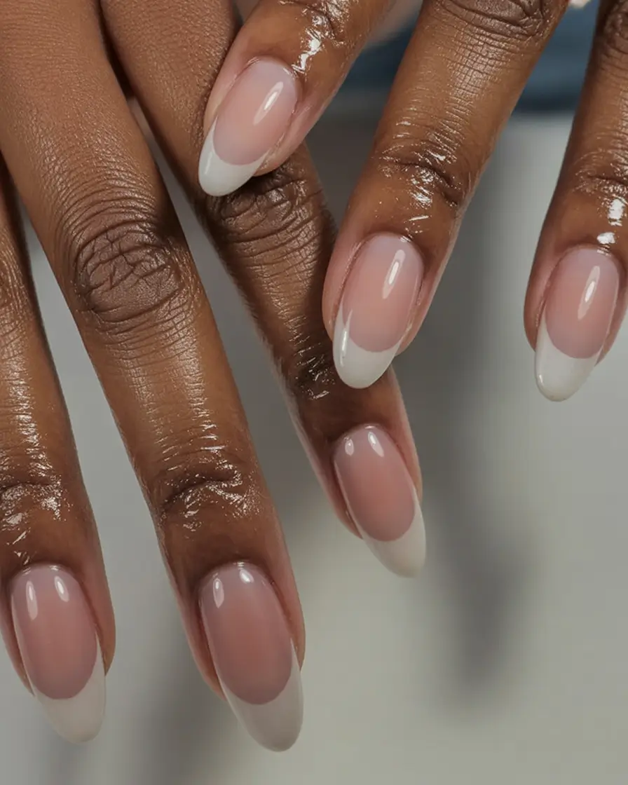 must try spring nails for dark skin 2026 Classic Glossy French Almond Nails