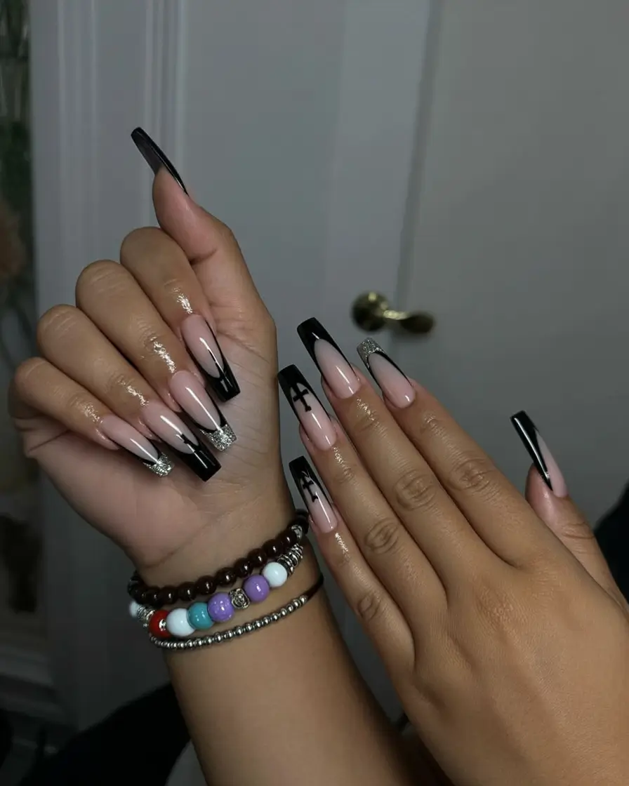 must try spring nails for dark skin 2026 Edgy Black French Tips with Graphic Accents