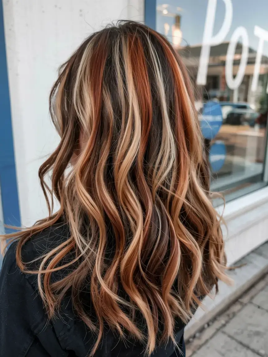 pastel spring calico hair color ideas 2026 Bold Multitone Calico Waves With Copper Accents