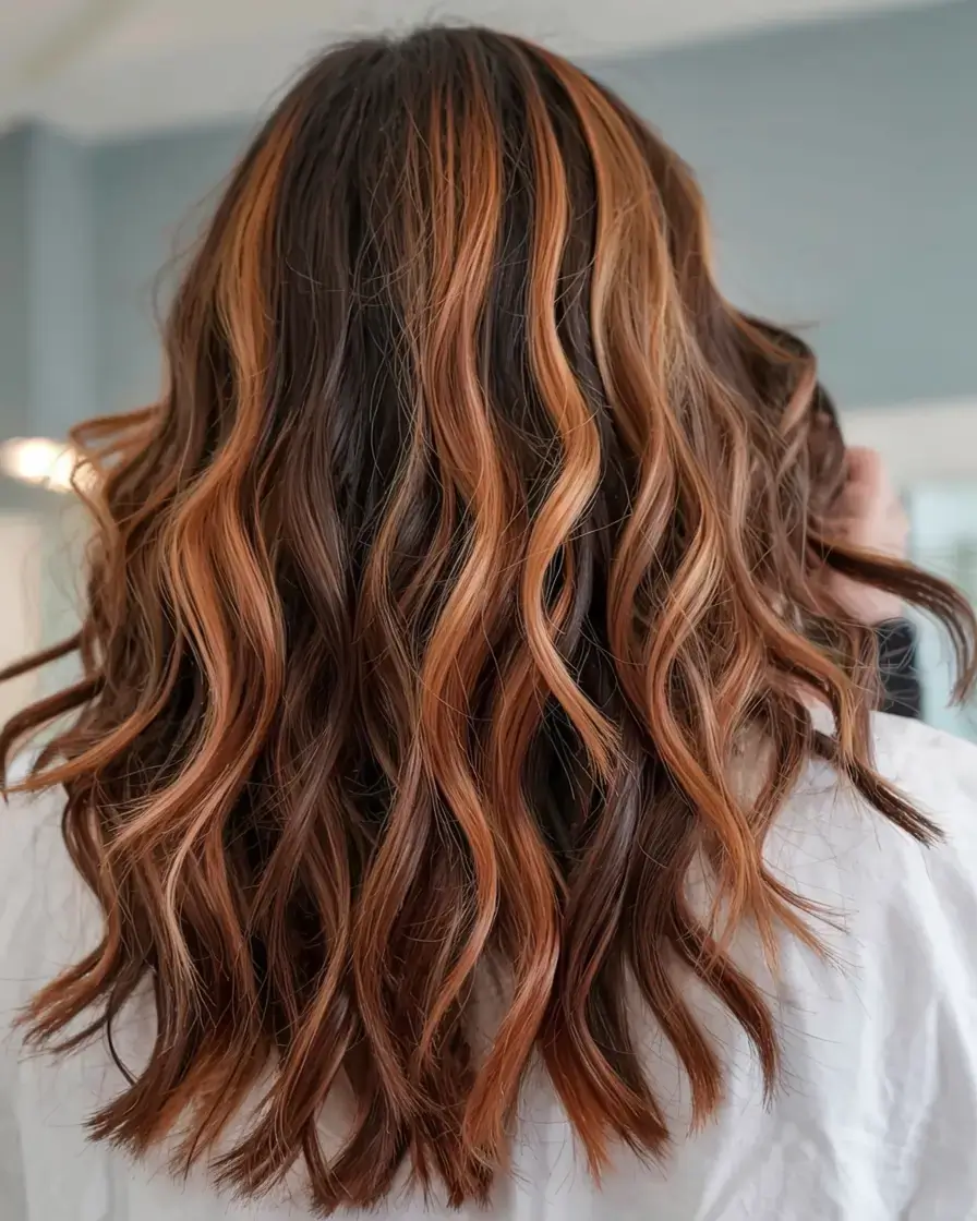 pastel spring calico hair color ideas 2026 Warm Cinnamon Calico Waves With Subtle Blonde Contrast