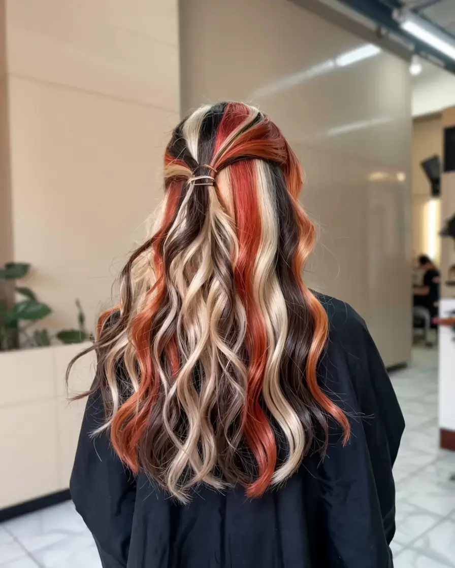 pastel spring calico hair color ideas 2026 High Contrast Calico Ribbon Highlights