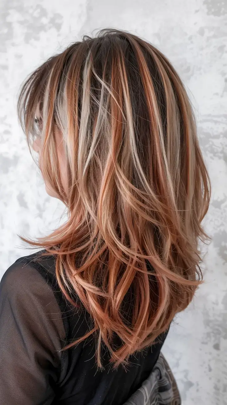 pastel spring calico hair color ideas 2026 Layered Calico Shag With Soft Caramel Dimension