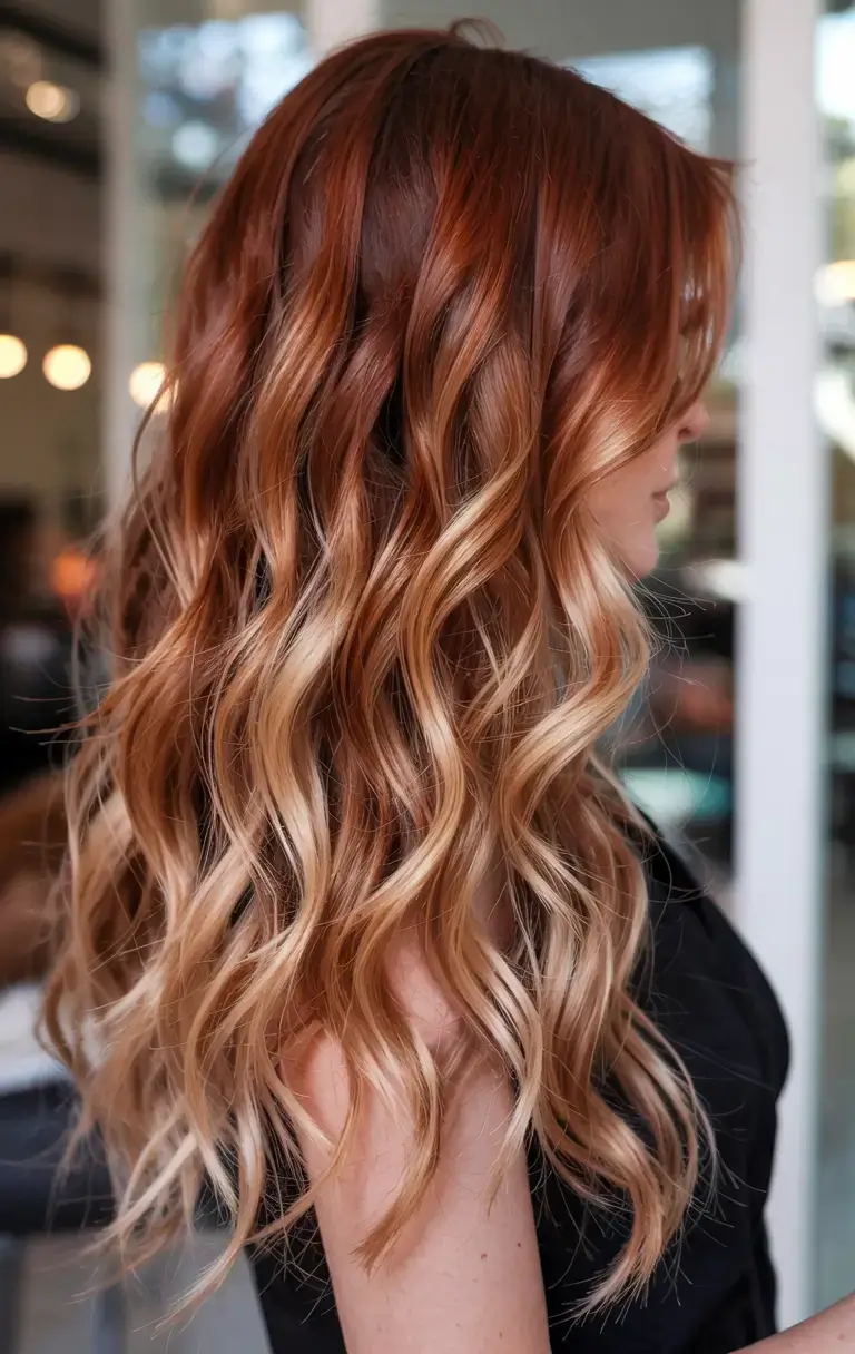 pastel spring calico hair color ideas 2026 Sunlit Copper Calico Balayage Waves