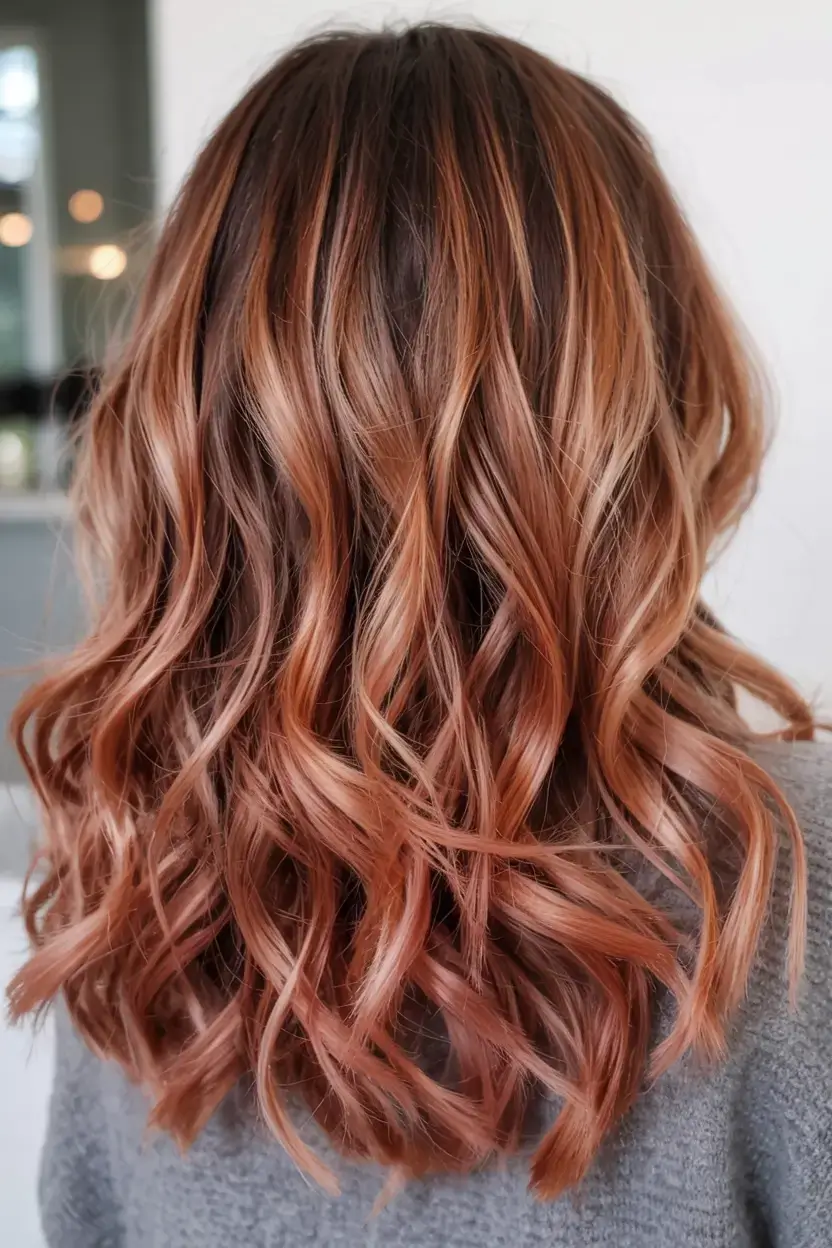 pastel spring calico hair color ideas 2026 Sunlit Rose Copper Calico Waves