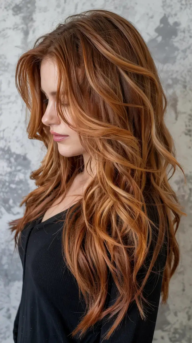 pastel spring calico hair color ideas 2026 Glossy Auburn Calico Waves With Soft Golden Lights