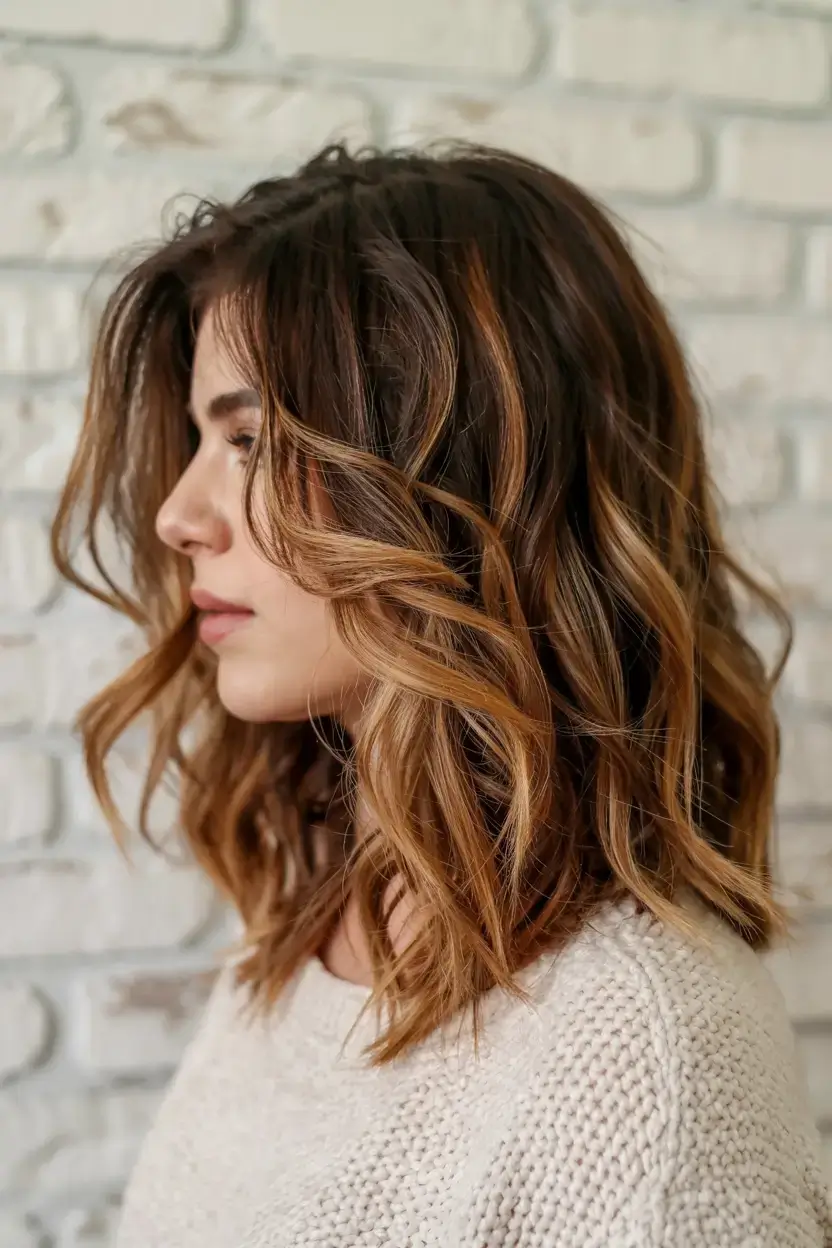 pastel spring calico hair color ideas 2026 Caramel Calico Lob With Effortless Texture