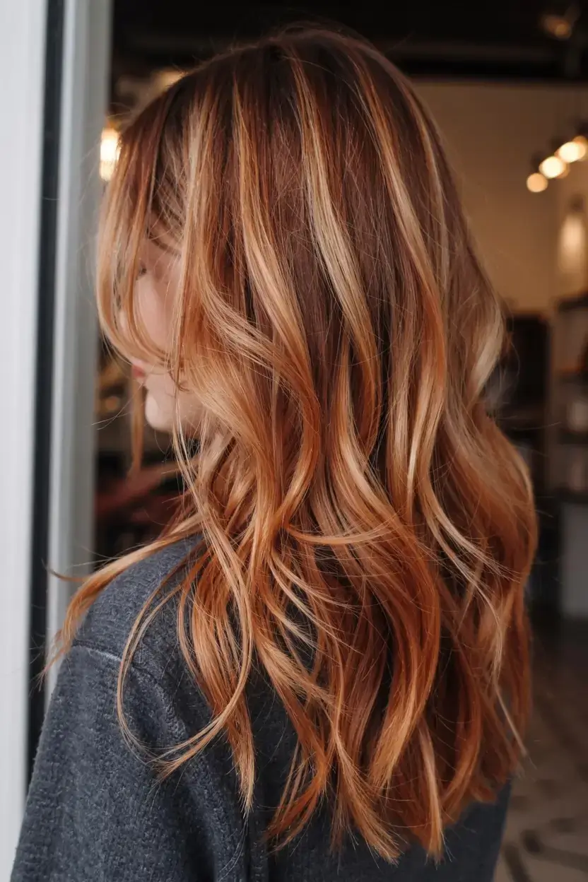 pastel spring calico hair color ideas 2026 Warm Cinnamon Calico Waves With Golden Highlights