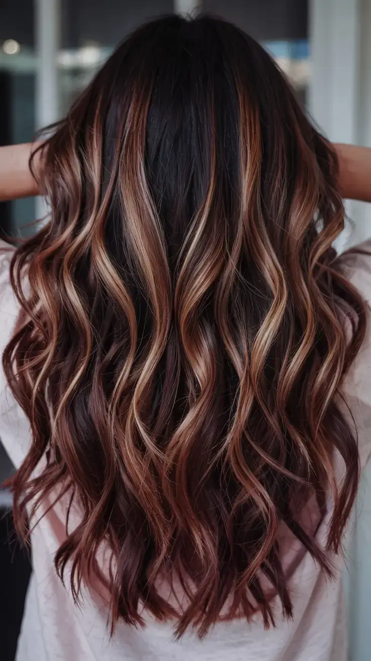 pastel spring calico hair color ideas 2026 Deep Brunette Calico With Subtle Rose Copper Ribbons