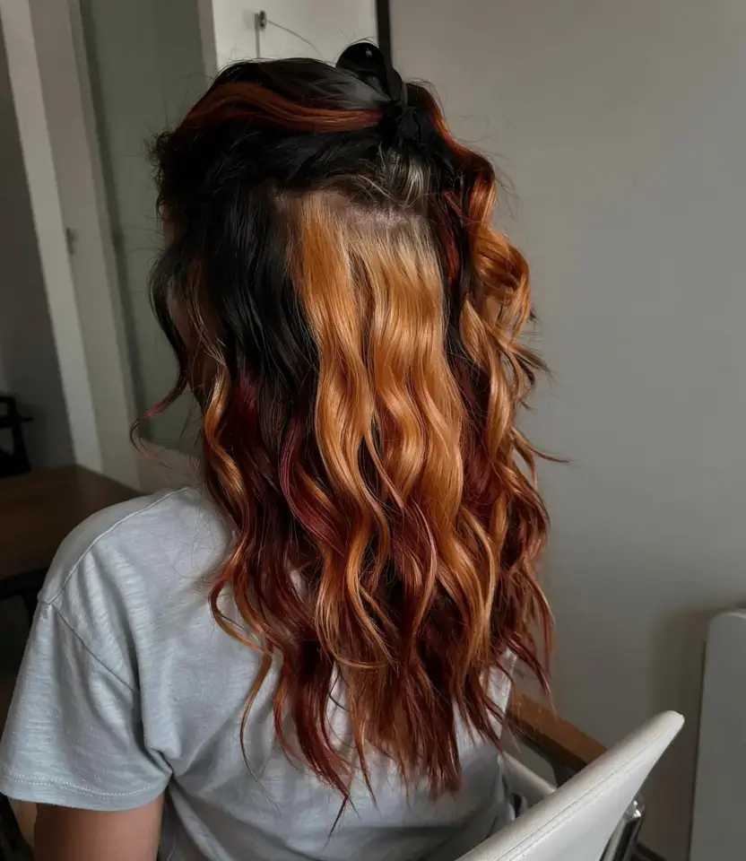 pastel spring calico hair color ideas 2026 Half-Up Calico Blend With Bold Copper Panels