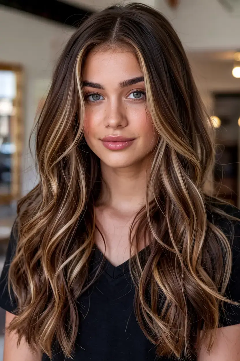 pastel spring calico hair color ideas 2026 Soft Brunette Calico Waves With Face-Framing Blonde