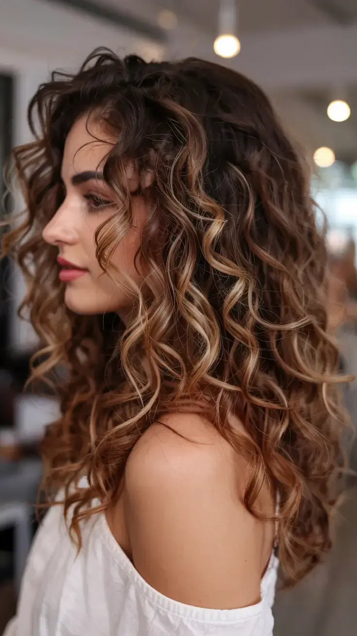 pastel spring calico hair color ideas 2026 Textured Calico Curls With Caramel Dimension