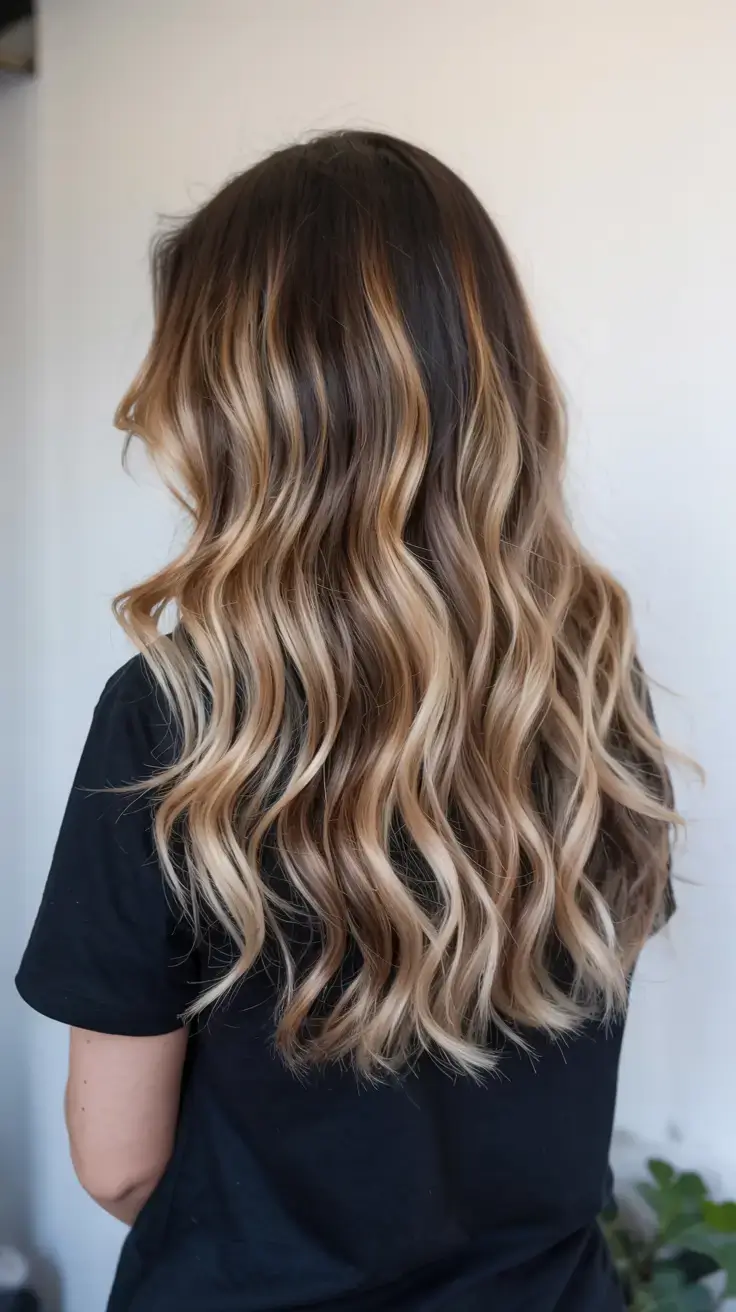 pastel spring calico hair color ideas 2026 Soft Brunette to Blonde Calico Balayage