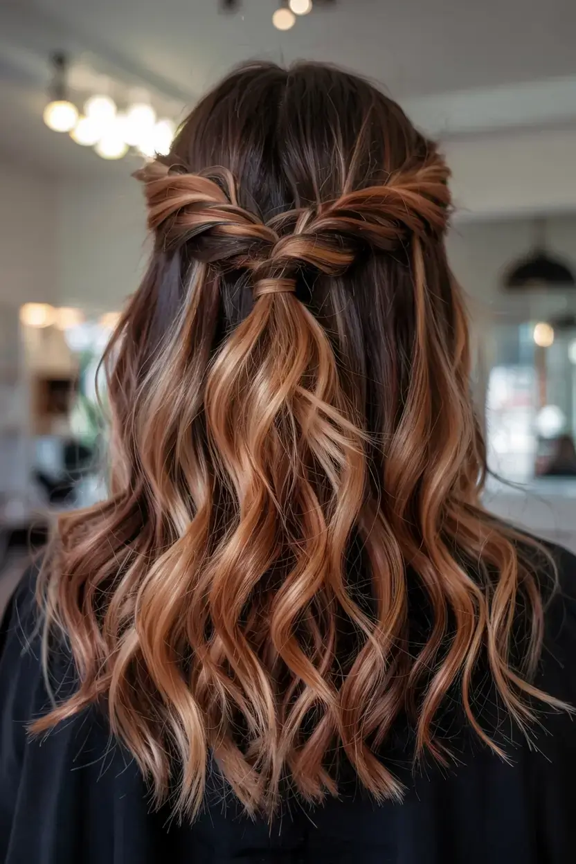 pastel spring calico hair color ideas 2026 Romantic Twisted Half Up Calico Waves